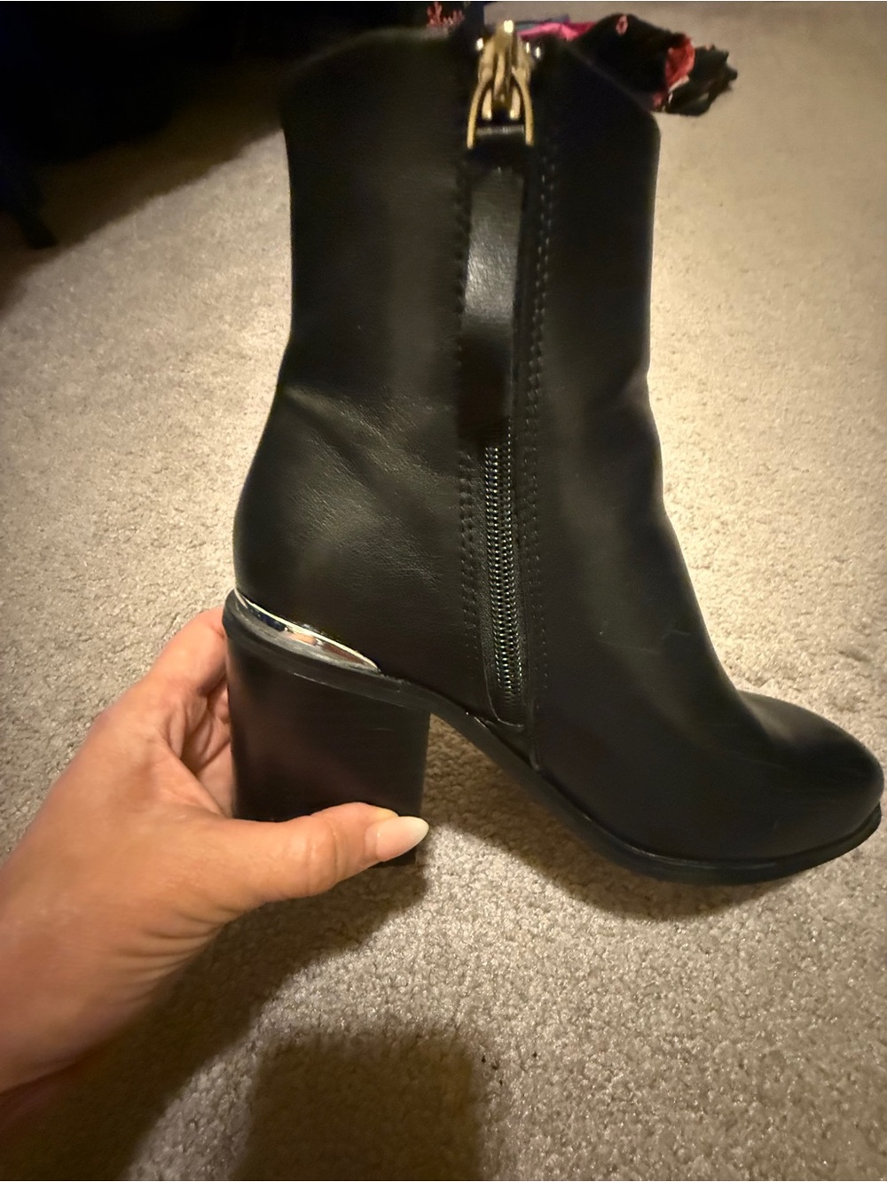 Classic Black Leather Block Heel Ankle Boots with Zip